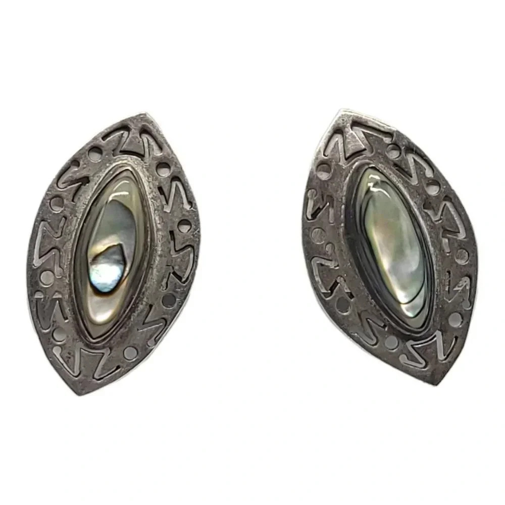 Danny's Taxco Sterling Silver Oval Abstract Screwback Earrings Abalone Inlay